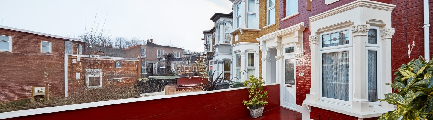 bay window with coloured glass banner