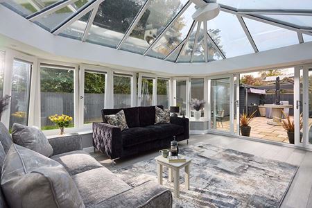 Dual anthracite grey uPVC Edwardian conservatory with Patio doors interior