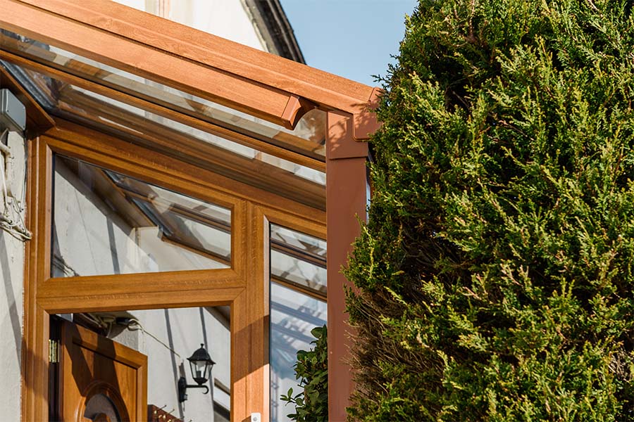 Golden oak PVCU veranda close up