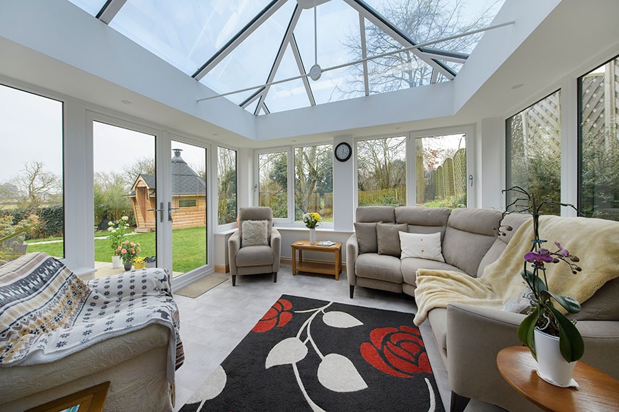 White uPVC Edwardian conservatory with French Doors Interior