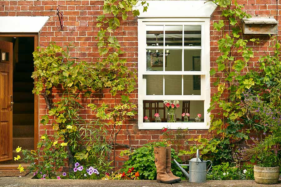 White wooden sash windows in open position
