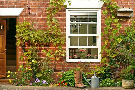 White wooden sash windows in open position